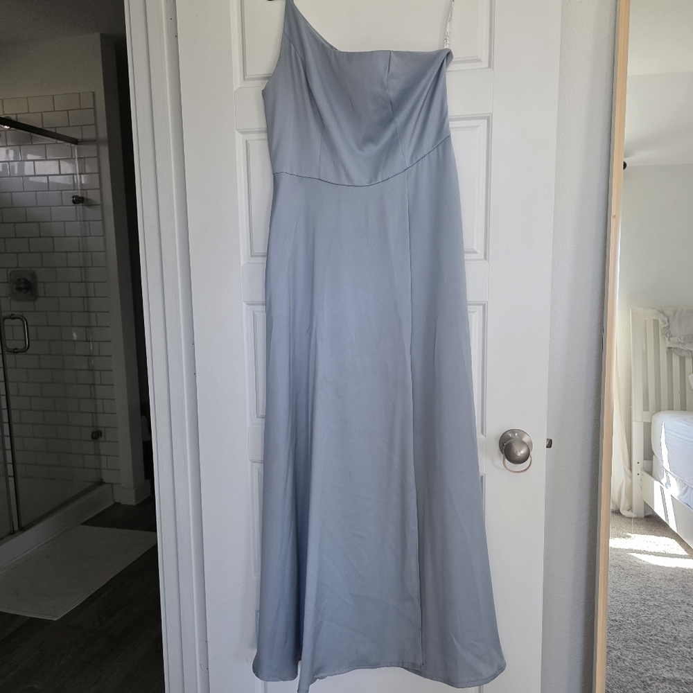 David's Bridal  one-shoulder bridesmaid dress in a light "Mist" or "Dusty Blue".